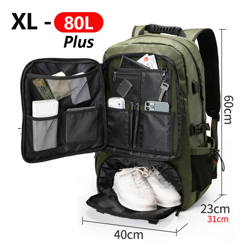 USB Men Travel Bag Traveling Boarding Backpack Outdoor Sports Luggage Rucksack 50L 60L 80L Shoulder Bag Turist Trip Camping Bag