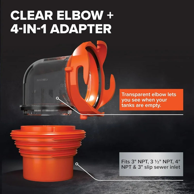 Camco RhinoFLEX 20ft RV Sewer Hose Kit 39742 Clear Elbow 4-in-1 Adapter 3" Slip 3"/3.5"/4" NTP Threaded Connection