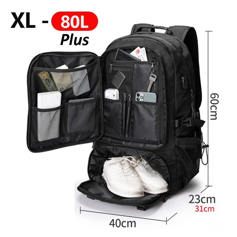 USB Men Travel Bag Traveling Boarding Backpack Outdoor Sports Luggage Rucksack 50L 60L 80L Shoulder Bag Turist Trip Camping Bag